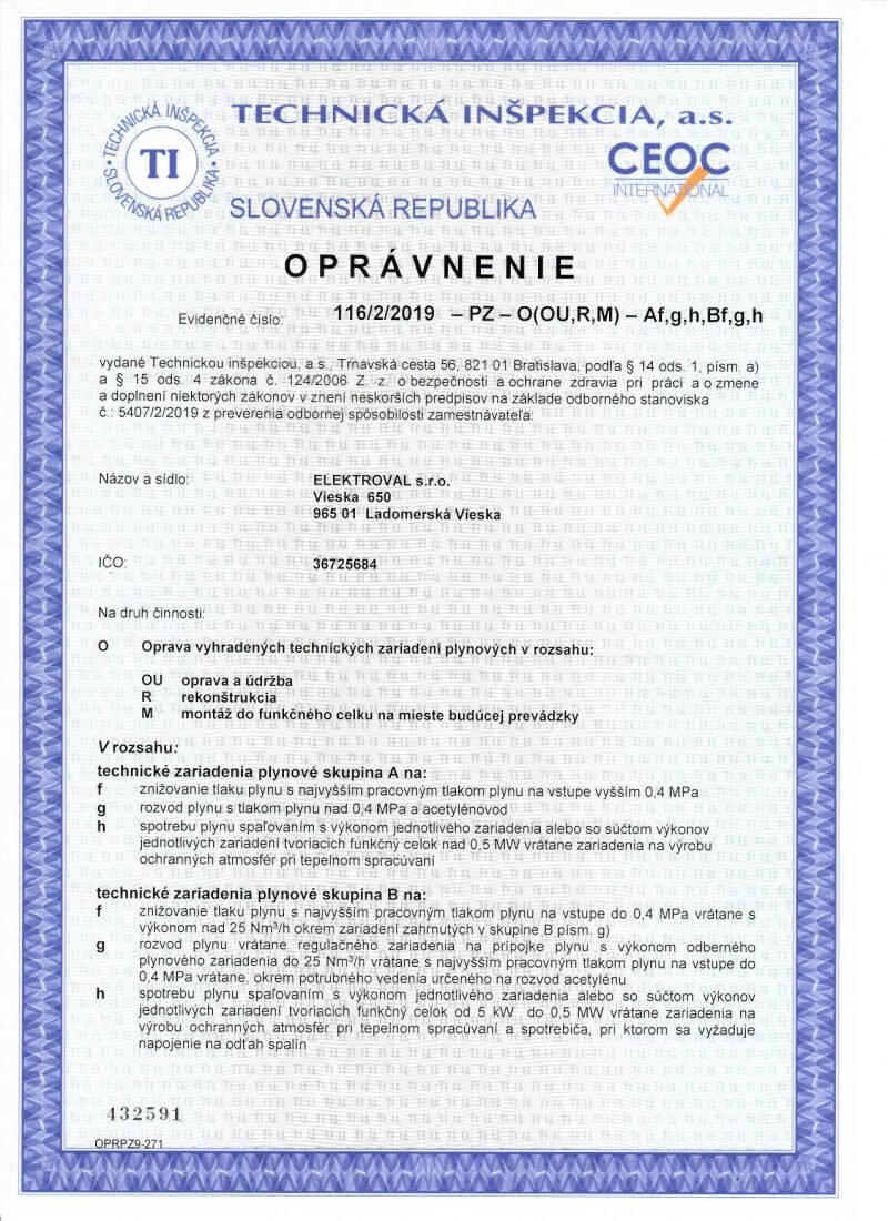 Oprávnenie – Plynové zariadenia