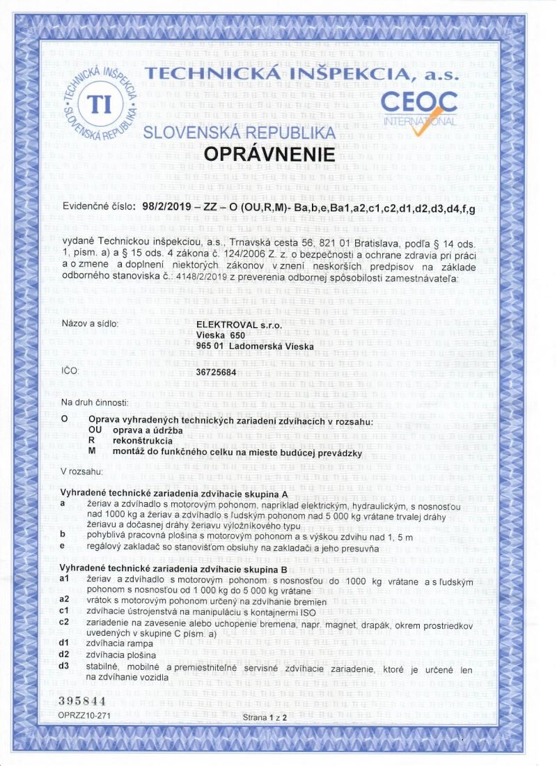 Oprávnenie – Zdvíhacie zariadenia